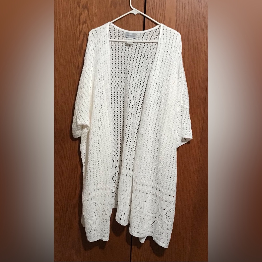 White Crochet Open-Front Women's Sweater Cardigan Size 4X Long Topper
